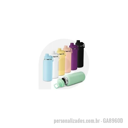 Garrafa térmica personalizada - Garrafa térmica em aço inox com parede dupla isolada a vácuo,alça plástica para transporte, bico rosqueável para fácil acesso, com capacidade de 960ml.