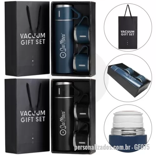 Garrafa térmica personalizada - Eleve a experiência do seu brinde corporativo com o kit garrafa térmica personalizada 500ml, ideal para quem valoriza praticidade e sofisticação. Produzida em aço inoxidável, a garrafa garante alta durabilidade e excelente conservação térmica. O diferencial deste kit está em suas duas tampas extras, que podem ser utilizadas como xícaras, proporcionando ainda mais conveniência.
