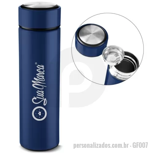 Garrafa térmica personalizada - Mantenha suas bebidas na temperatura ideal por mais tempo com a garrafa térmica de aço inox 450ml. Com parede dupla isolada a vácuo, preserva líquidos quentes por até 12 horas e frios por até 18 horas. Seu infusor interno é perfeito para chás e infusões, proporcionando mais praticidade no dia a dia.