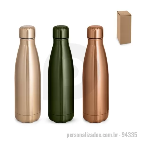 Garrafa térmica personalizada - arrafa em aço inox de parede dupla térmica, isolada a vácuo. Garrafa com acabamento metalizado e tampa em aço inox. Todas as componentes da garrafa - tampa, corpo e base - na mesma cor. Capacidade até 510 mL. Fornecido em caixa presente de papel kraft. 