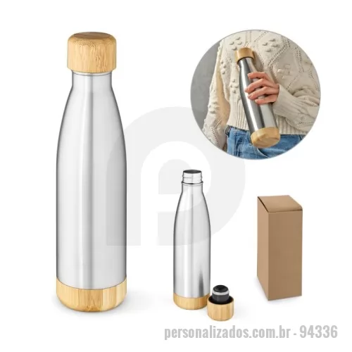 Garrafa térmica personalizada - Garrafa em aço inox (90% reciclado) de parede dupla térmica, isolada a vácuo. Com tampa e base em bambu. Capacidade até 550 mL. Fornecido em caixa presente kraft. 