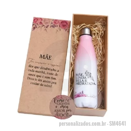 Garrafa térmica personalizada -   O Kit Contem:  Garrafa de água Porta-copo Caixa para presente  ________________________________________________________________  * Consulte quantidade mínima *Confira opções de personalização *Imagem meramente ilustrativa *Na falta de algum item, pode ser substituído, sob consulta, por outro de igual valor e qualidade.   Entre em contato, informe o seu CNPJ Atendimento somente para Empresas
