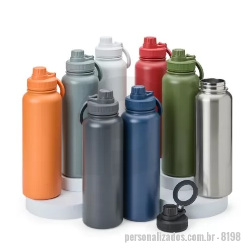 Garrafa térmica personalizada - Garrafa térmica inox de capacidade de até 1,2 Litro. A pintura eletrostática garante uma cor duradoura e acabamento de maior qualidade. Sua parede dupla e isolamento a vácuo mantém o líquido conservado por mais tempo, além de evitar vazamentos. A garrafa conta com uma tampa rosqueável e uma alça circular magnética, compatível com smartphones iPhone da Apple.
