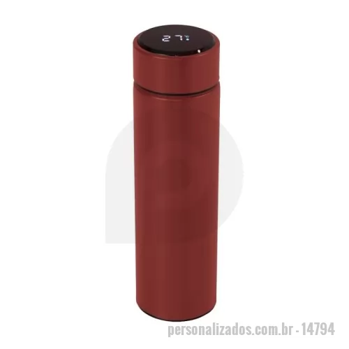 Garrafa térmica personalizada - Garrafa térmica de parede dupla em inox, capacidade de 400ml. Tampa com display touch screen de temperatura em led, acompanha infusor de bebidas.