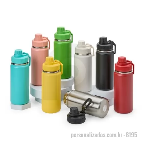 Garrafa térmica personalizada -  Garrafa térmica inox de capacidade de até 550ml. A pintura eletrostática garante uma cor duradoura e acabamento de maior qualidade. Sua parede dupla e isolamento à vácuo mantém o líquido conservado por mais tempo e permite o uso da garrafa sem a necessidade de se preocupar em entrar em contato direto com o calor interno ou vazamentos. Além disso, a garrafa conta com uma tampa rosqueável e uma alça que facilita o transporte para qualquer lugar.