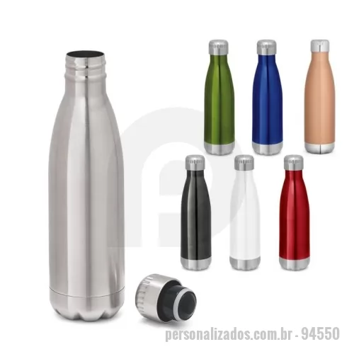 Garrafa térmica personalizada - Garrafa em aço inox de parede dupla térmica, isolada a vácuo, com tampa em aço inox. Capacidade até 510 mL. Preserva as bebidas quentes por 8h e frias por 24h. Caixa branca 94657 vendida opcionalmente.