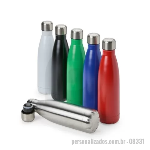 Garrafa térmica personalizada - Descrição: Garrafa térmica com tampa inox com capacidade de até 500ml. Sua parede dupla em aço inox e isolamento a vácuo na tampa ajudam a conservar o líquido quente por mais tempo, além de conter vazamentos e o contato direto com o calor excessivo da parte interna.