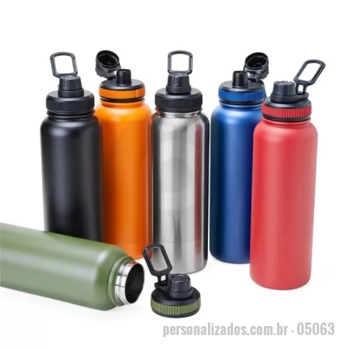 Garrafa térmica personalizada - Garrafa térmica feita em inox com parede dupla, capacidade de 1,2 litros. Tampa livre de BPA com alça para transporte e tampa de proteção para o bocal.