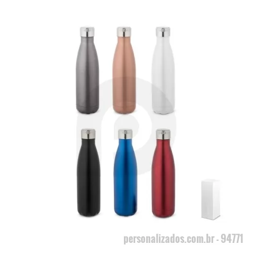 Garrafa térmica personalizada - Garrafa em aço inox de parede dupla térmica, isolada a vácuo, com tampa em aço inox. Capacidade até 500 mL. Preserva as bebidas quentes por 8h e frias por 24h. Fornecido em caixa presente. Certificação EU Food Grade. ø71 x 255 mm