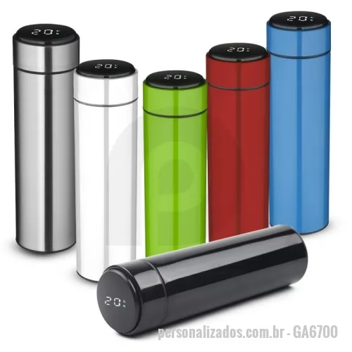 Garrafa térmica personalizada - Garrafa térmica em aço inox com parede dupla isolada a vácuo, com capacidade até 450ml. Tampa rosqueável com anel de silicone para vedação. Possui infusor para chás.  Display LED com termômetro digital na tampa para indicar a temperatura do líquido. Possui tampa removível para a troca da pilha.