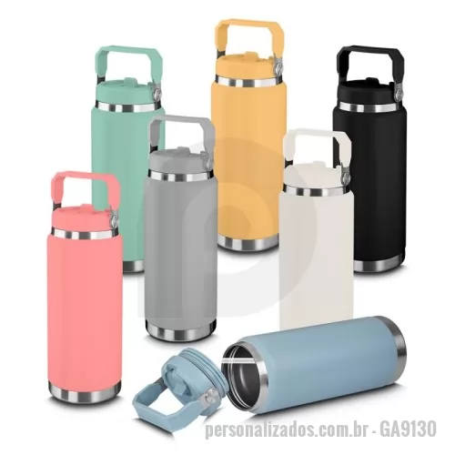 Garrafa térmica personalizada - Garrafa térmica em aço inox com parede dupla com capacidade de até 900ml. Tampa rosqueável com anel de silicone para vedação. Alça de transporte em plástico. Permite-se hidratar pelo bico, com canudo. Pintura a pó.