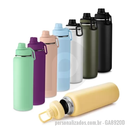 Garrafa térmica personalizada - Garrafa térmica em aço inox com parede dupla isolada a vácuo com capacidade de 1,2l. Alça plástica para transporte em formato de mosquetão, bico rosqueável para fácil acesso e tampa rosqueável com anel de silicone com pintura a pó.