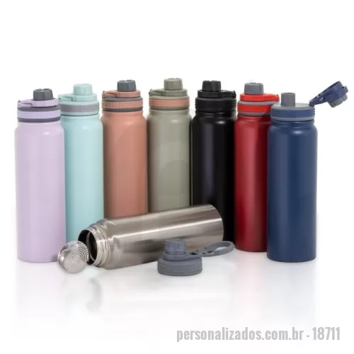 Garrafa térmica personalizada - Garrafa térmica com infusor de bebidas, feita em inox 304 de parede dupla com capacidade de 850ml. Tampa com alça para transporte e tampa de proteção para o bocal.