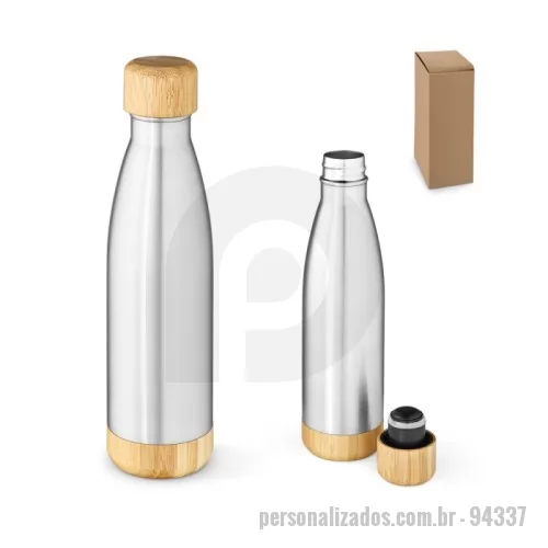 Garrafa térmica personalizada - Garrafa em aço inox (90% reciclado) de parede dupla térmica, isolada a vácuo. Com tampa e base em bambu. Capacidade até 800 mL. Fornecido em caixa presente de papel kraft. Certificação EU Food Grade. A cor e o resultado da impressão nos materiais naturais pode variar entre produtos. ø80 x 312 mm