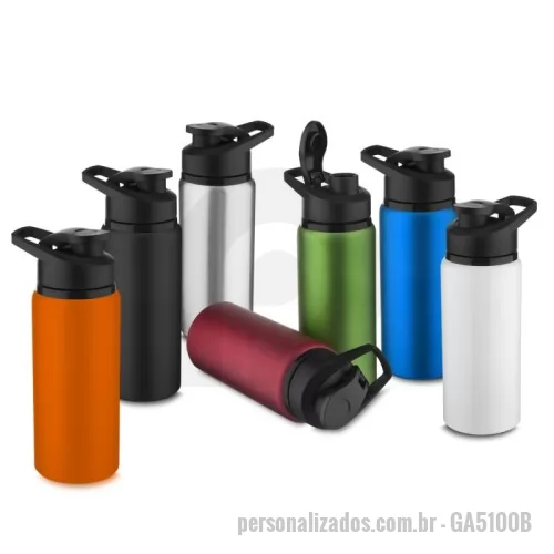 Garrafa térmica personalizada - Garrafa de alumínio com capacidade de até 650ml. Tampa rosqueável em plástico e alça para transporte em plástico. Bico com tampa vedada de acesso rápido.