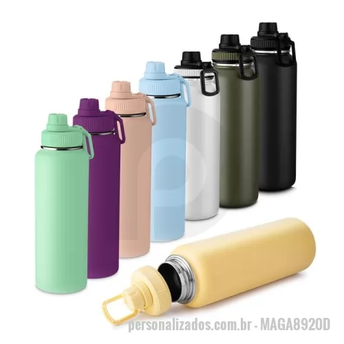 Garrafa térmica personalizada - Garrafa térmica em aço inox com parede dupla isolada a vácuo com capacidade de 1,2l. Alça plástica para transporte em formato de mosquetão, bico rosqueável para fácil acesso e tampa rosqueável com anel de silicone com pintura a pó.  Conserva líquidos : ??8 horas ??12 horas