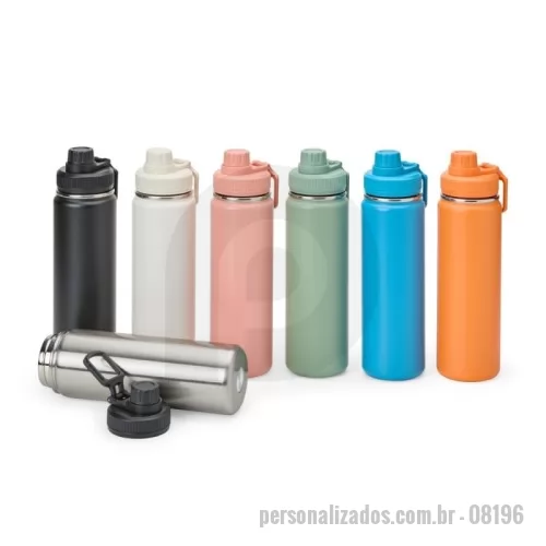 Garrafa térmica personalizada - Garrafa térmica inox com capacidade de até 750ml. A pintura eletrostática garante uma cor duradoura e acabamento de maior qualidade. Sua parede dupla e isolamento à vácuo mantém o líquido conservado por mais tempo e permite o uso da garrafa sem a necessidade de se preocupar em entrar em contato direto com o calor interno ou vazamentos. Além disso, a garrafa conta com uma tampa rosqueável e uma alça que facilita o transporte para qualquer lugar.