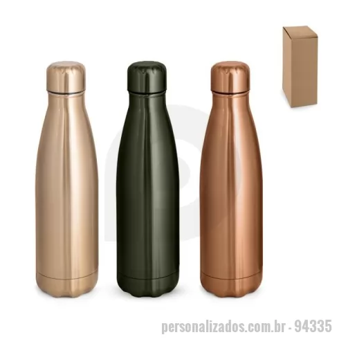 Garrafa térmica personalizada - Garrafa em aço inox de parede dupla térmica, isolada a vácuo. Garrafa com acabamento metalizado e tampa em aço inox. Todas as componentes da garrafa - tampa, corpo e base - na mesma cor. Capacidade até 510 mL. Fornecido em caixa presente de papel kraft. Certificação EU Food Grade. ø70 x 255 mm