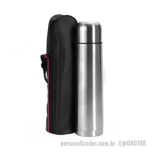 Garrafa térmica personalizada - Uma excelente opção para manter líquidos quentes ou frios e aproveita-los ao máximo. Esta garrafa térmica inox de 1 litro conta com parede dupla e isolamento ao vácuo, conservando a temperatura por mais tempo e evitando vazamentos. A garrafa conta co