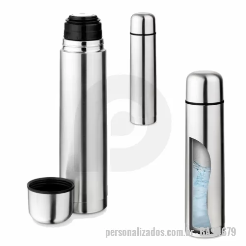 Garrafa térmica personalizada - Garrafa térmica em aço inox com parede dupla isolada a vácuo. Capacidade até 1L. Preserva as bebidas quentes por 12h e frias por 24h. Certificação EU Food Grade. Fornecida em caixa. ø82 x 330 mm. Gravação em 1 cor já inclusa.