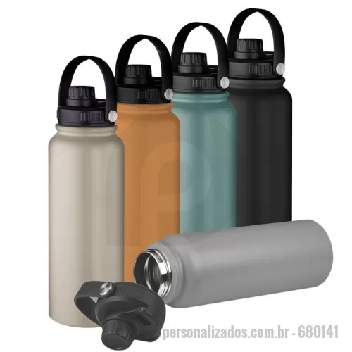 Garrafa térmica personalizada - Garrafa térmica em aço inox com parede dupla com capacidade de 1,100L, parede externa com pintura a pó. Tampa rosqueável com anel de silicone para vedação. Alça de transporte plástica. Bico rosqueável.