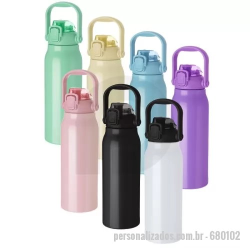 Garrafa térmica personalizada - Garrafa térmica em aço inox com parede dupla isolada a vácuo, com capacidade de até 1,7l. Alça ergonômica em plástico. Tampa rosqueável com anel de silicone para vedação. Bico por meio de sucção com canudo e com acionamento prático por meio de botão. Pintura brilhosa.