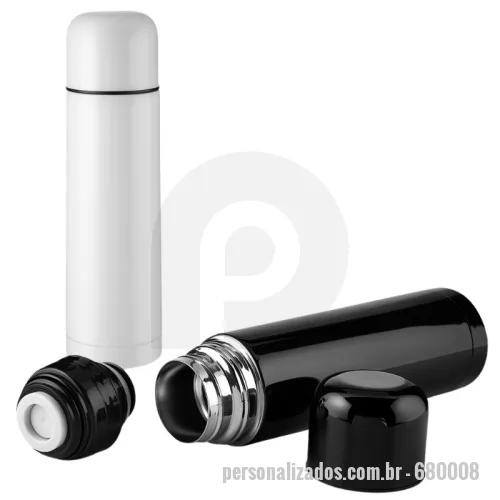 Garrafa térmica personalizada - Garrafa térmica em aço inox com parede dupla isolada a vácuo, com capacidade de até 500 ml. Tampa rosqueável com anel de silicone que pode ser utilizada como copo com capacidade de até 100ml. Possui botão de acionamento para melhor seguran