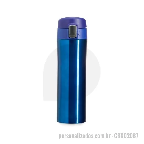 Garrafa térmica personalizada - Garrafa térmica Personalizada - CBX02087 -  Garrafa térmica 450ml colorida com sistema de trava. Material metálico com revestimento interno em inox, possui tampa plástica fosca com borracha interna para vedação evitando o vazamento de líquido e prezando sua temperatura; possui botão central para abertura e trava lateral(basta seguir a orientação dos desenhos de cadeados simulando o travamento/destravamento da tampa).  Medidas aproximadas para gravação (CxL):  18 cm x 6 cm  Tamanho total aproximado  (CxL):  23,3 x 6,9 cm x 21,5 cm  Peso aproximado (g):  267 - 176004 - Garrafa térmica