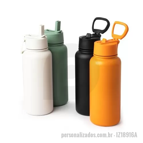 Garrafa térmica personalizada - Garrafa térmica de parede dupla em inox, capacidade de 900ml. Tampa rosqueável com alça de transporte, bico flip e canudo interno. Altura :  24,6 cm - Largura :  9 cm - Circunferência :  28,8 cm