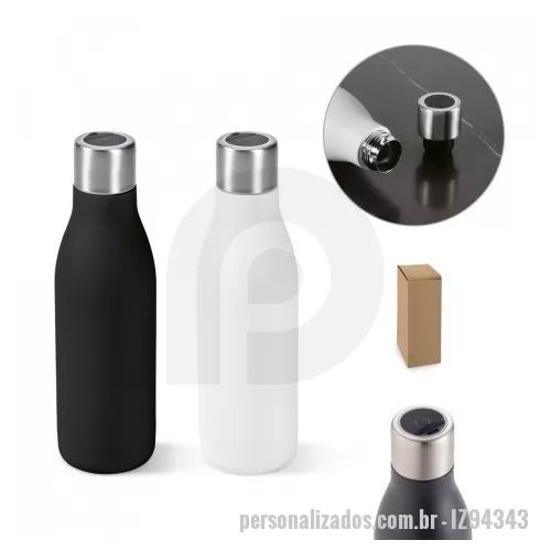 Garrafa térmica personalizada - Garrafa em aço inox 90% reciclado de parede dupla térmica, isolada a vácuo. Garrafa com sistema de auto-sanitização UV que inativa vírus e bactérias que estejam na sua garrafa, tornando a sua bebida mais segura. Capacidade até 500 mL. Preserva as beb