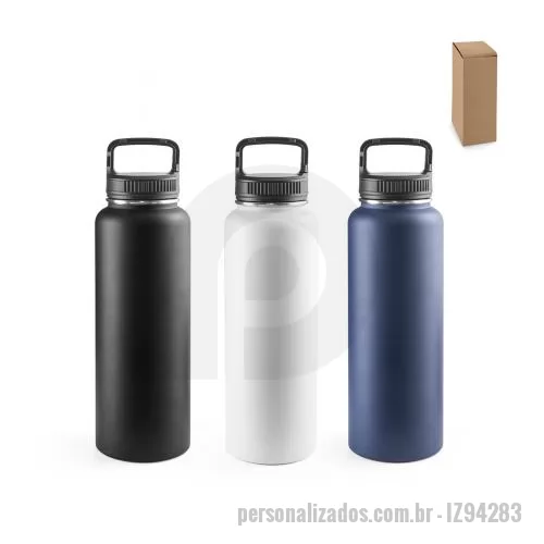 Garrafa térmica personalizada - Garrafa esportiva em aço inox 90% reciclado de parede dupla térmica, isolada a vácuo. Parede com revestimento em pó oferecendo mais durabilidade e resistência. Tampa com pega e um mosquetão que facilitam o transporte. Grande capacidade até 1.2 L. For