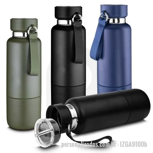 Garrafa térmica personalizada - Garrafa térmica em aço inox com parede dupla isolada a vácuo e capacidade de 500ml. Alça de transporte em cordão. Tampa rosqueável, vedada por um anel de silicone e com uma argola tipo mosquetão para o cordão. Parte superior da tampa possui um compar