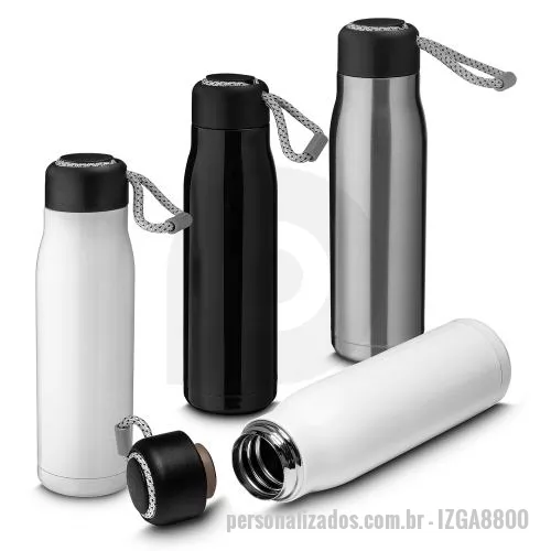 Garrafa térmica personalizada - Garrafa térmica em aço inox brilhoso com parede dupla isolada a vácuo, com capacidade de até 550ml. Alça de transporte em corda. Tampa plástica rosqueável com anel de silicone para vedação.