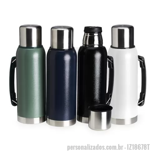 Garrafa térmica personalizada - Garrafa térmica de inox livre de BPA com capacidade de 1 litro. Contém alça para transporte. Altura :  30 cm Largura :  11,5 cm Circunferência :  29,2 cm