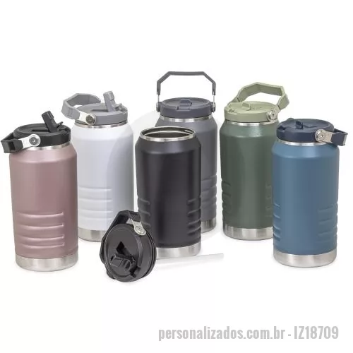 Garrafa térmica personalizada - Garrafa térmica feita em inox 304 com parede dupla, capacidade de 1,1 litros. Com alça para transporte, a tampa contém bico flip e canudo interno. Altura :  23 cm Largura :  11,2 cm Circunferência :  33,4 cm