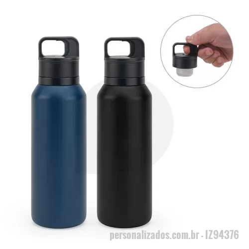 Garrafa térmica personalizada - Garrafa em aço inox 91% reciclado com parede dupla isolada a vácuo e parede interna revestida a cobre, características que permitem conservar a temperatura das suas bebidas por um longo período. A tampa em PP é à prova de vazamentos e incorpora um bo