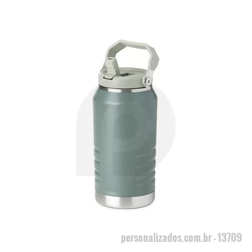 Garrafa térmica personalizada - Garrafa térmica feita em inox 304 com parede dupla, capacidade de 1,1 litros. Com alça para transporte, a tampa contém bico flip e canudo interno