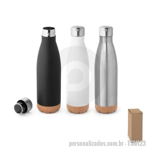 Garrafa térmica personalizada - Garrafa em aço inox e base em cortiça com parede dupla com isolamento a vácuo. Mantém as bebidas quentes por 8h e frias por 24h. Tem capacidade até 560 ml. Food grade. Fornecido em caixa.