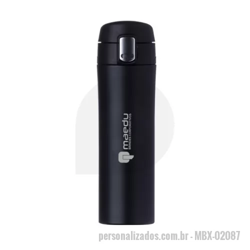 Garrafa térmica personalizada - Garrafa térmica 450ml colorida com sistema de trava. Material metálico com revestimento interno em inox, possui tampa plástica fosca com borracha interna para vedação evitando o vazamento de líquido e prezando sua temperatura; possui botão central para abertura e trava lateral(basta seguir a orientação dos desenhos de cadeados simulando o travamento/destravamento da tampa).