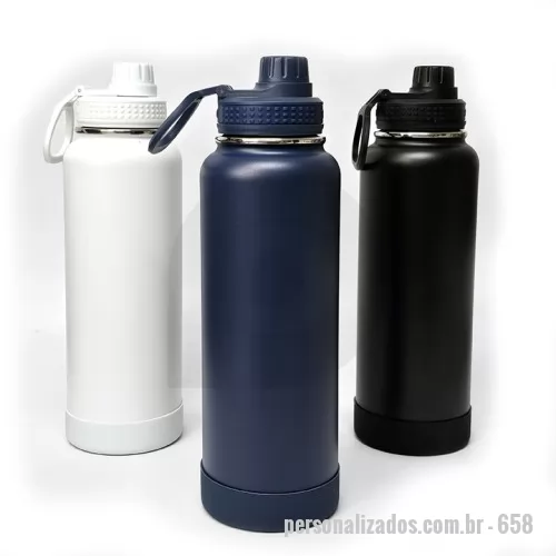 Garrafa térmica personalizada - Garrafa  Acompanha tampa com bocal e trava de segurança, base removível de silicone – Possui dimensões aproximadas de 30 cm altura, 9,6 cm de diâmetro