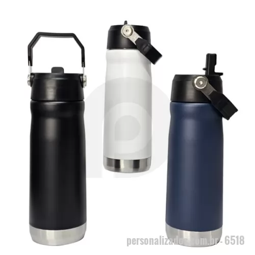 Garrafa térmica personalizada - Garrafa térmica com alça vertical, bico flip e canudo interno.  Capacidade: 650ml.