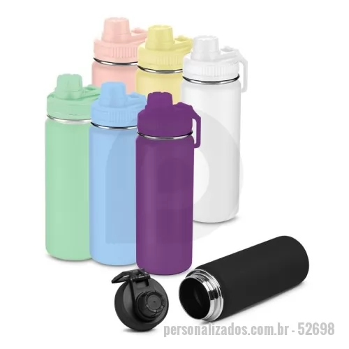 Garrafa térmica personalizada - Garrafa em aço inox com capacidade de até 780 ml. Tampa rosqueável com anel de silicone, alça plástica em formato de mosquetão e bico rosqueável para fácil acesso. Design com frisos na tampa e pintura pó.