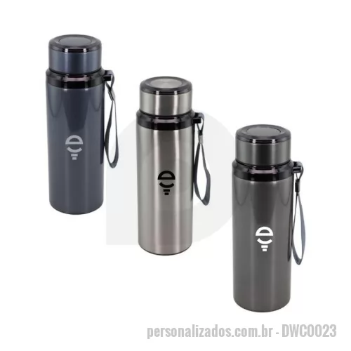 Garrafa térmica personalizada - Garrafa térmica de 580ml em aço inoxidável com parede dupla e isolamento térmico, que conserva a temperatura por mais tempo. Possui infusor removível em inox para chás e bebidas aromatizadas, tampa rosqueável com vedação segura e alça lateral integrada para facilitar o transporte. Estrutura resistente e prática para uso no dia a dia.