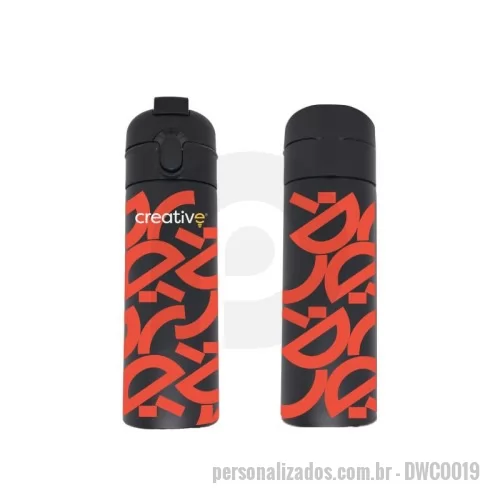 Garrafa térmica personalizada - Garrafa térmica de 400ml em aço inoxidável, resistente e durável. Possui tampa flip com bico e canudo integrados, permitindo o consumo direto sem remover a tampa. A estrutura dupla em inox garante melhor isolamento térmico e facilita a limpeza, mantendo bebidas quentes ou frias por mais tempo.