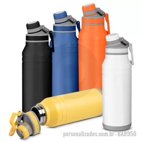 Garrafa térmica personalizada - Garrafa térmica em aço inox com parede dupla isolada a vácuo, com capacidade de até 1,2l. Acabamento na parte externa em tinta pó. Alça de transporte flexível. Tampa rosqueável com anel de silicone para vedação. Bico rosqueável. Gravação da logomarca a laser já incluso.