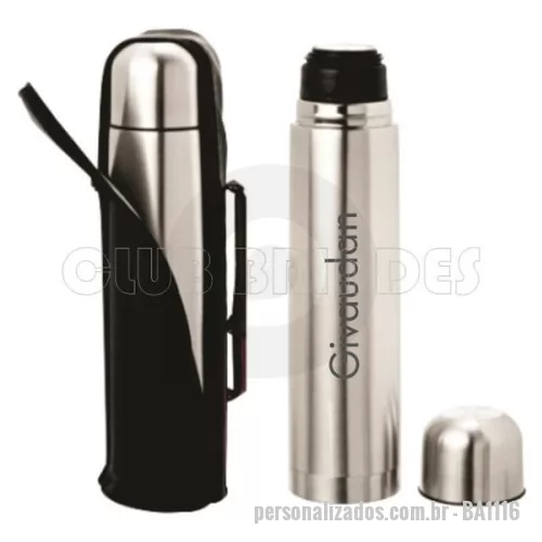 Garrafa térmica personalizada - Garrafa térmica 500ml em inox com tampa rosqueável, tampa interna em plástico resistente(basta um clique para abrir ou fechar). Acompanha capa protetora de couro sintético com alça de nylon. Gravação da logomarca a laser já incluso.