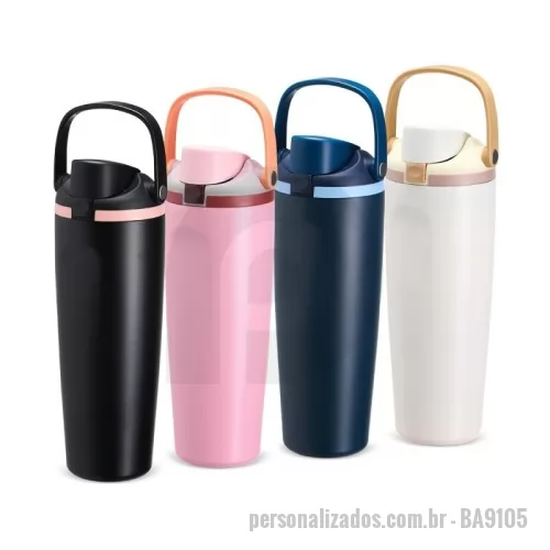 Garrafa térmica personalizada - Garrafa térmica em inox com capacidade para até 850ml. Conta com estrutura de parede dupla e vedação a vácuo, ajudando a conservar a temperatura dos líquidos por mais tempo. Possui tampa rosqueável em plástico com protetor para o bocal, botão de acionamento, trava de segurança e alça de mão para transporte. Acompanha canudo para encaixe interno na tampa. Gravação da logomarca a laser já incluso.