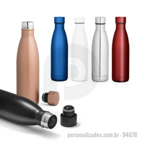 Garrafa térmica personalizada - Garrafa em aço inox de parede dupla térmica, isolada a vácuo com tampa em aço inox. Capacidade até 500 mL. Mantém as bebidas quentes por 8h e frias por 24h. Fornecido em caixa presente de papel kraft reciclado. Certificação EU Food Grade. ø67 x 255 mm | Caixa: 72 x 72 x 275 mm