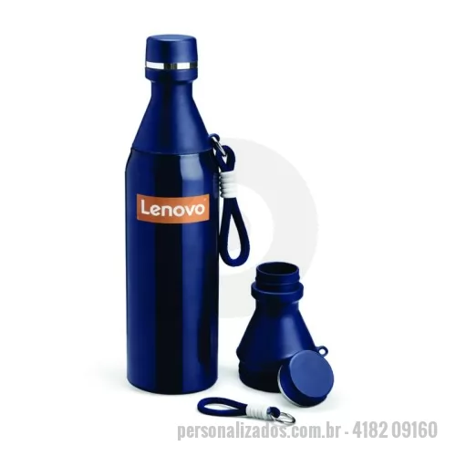 Garrafa térmica personalizada - Garrafa térmica Personalizada - 4182 09160 - Garrafa térmica em aço inox com capacidade de 500ml, produzida com estrutura de parede dupla que conserva a temperatura de bebidas quentes e frias por mais tempo.  Conta com tampa rosqueável com compartimento removível em plástico, podendo ser utilizada como copo, oferecendo mais praticidade no uso diário. Possui alça em nylon resistente com detalhes em plástico e mosquetão metálico, facilitando o transporte em mochilas, bolsas e viagens.  Um brinde moderno, funcional e de alto valor agregado, ideal para empresas que desejam destacar sua marca com utilidade e sofisticação. - 179872 - Garrafa térmica