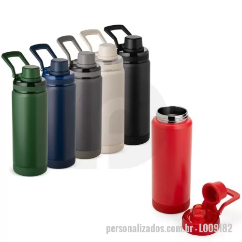 Garrafa térmica personalizada - Garrafa térmica em inox 304 com capacidade máxima de até 600ml. Conta com estrutura de parede dupla e vedação a vácuo para manter a temperatura de líquidos conservada por mais tempo. Possui tampa rosqueável em plástico com protetor para o bocal e alça para transporte. Acompanha protetor antiderrapante para a base.  Altura :  23,3 cm  Largura :  8,5 cm  Circunferência :  24 cm  Diametro :  5,5 cm